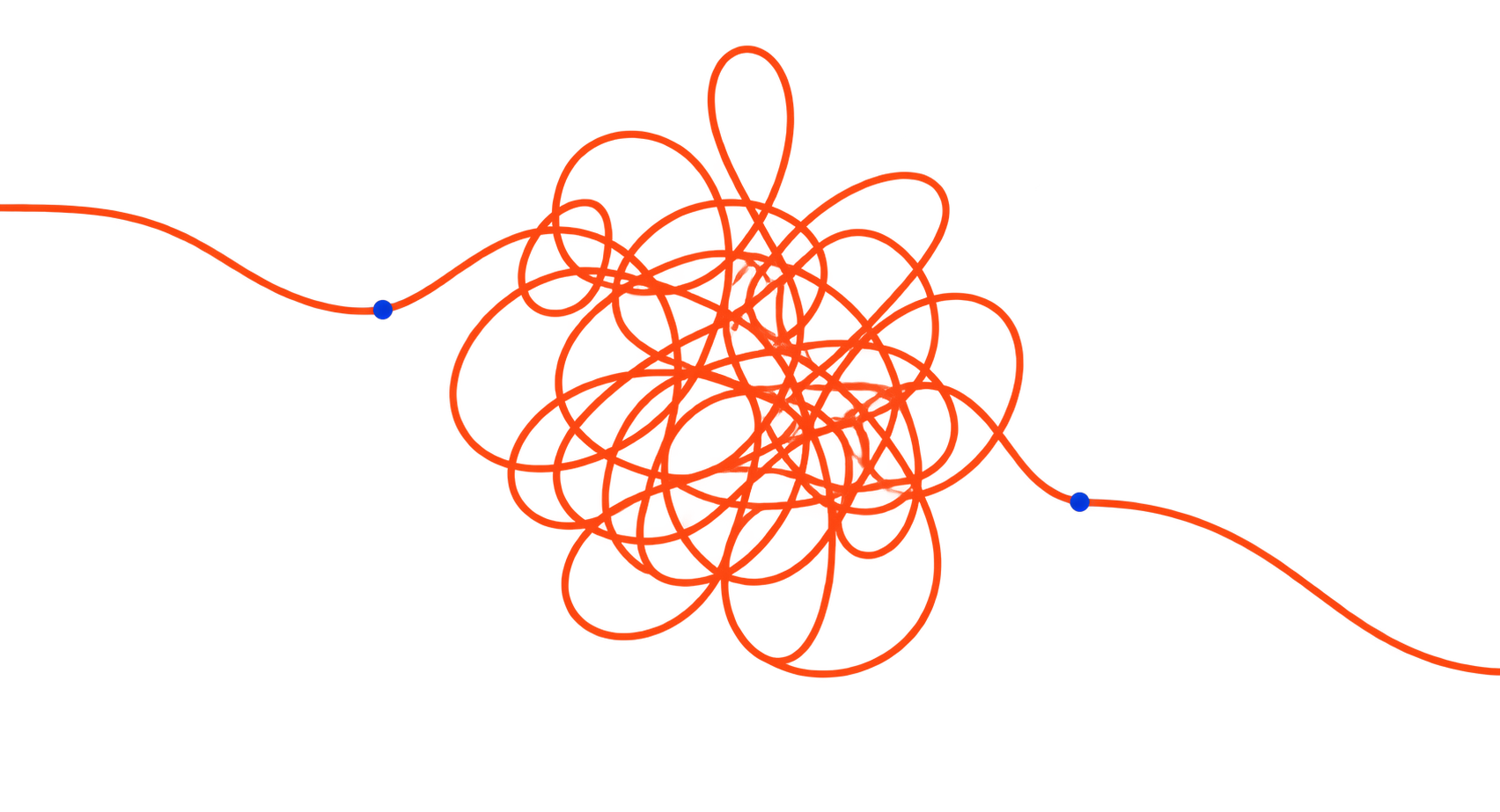 An orange line tangles in the middle before resolving into a clear path